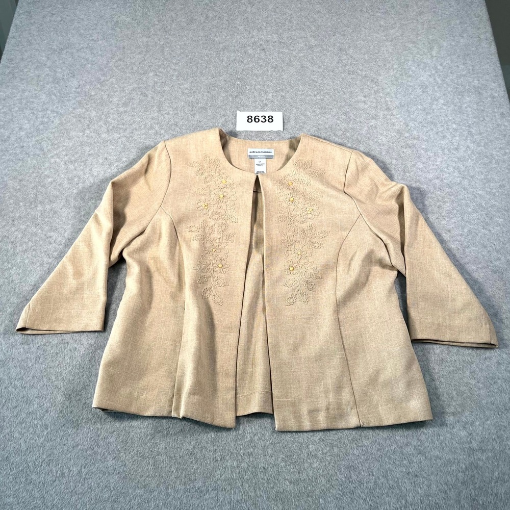Alfred Dunner Jacket Womens 14P Tan Embroidered Floral Beaded Open Front Formal